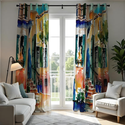 Watercolor Cityscape Curtain Panels, Colorful House Window Drapes