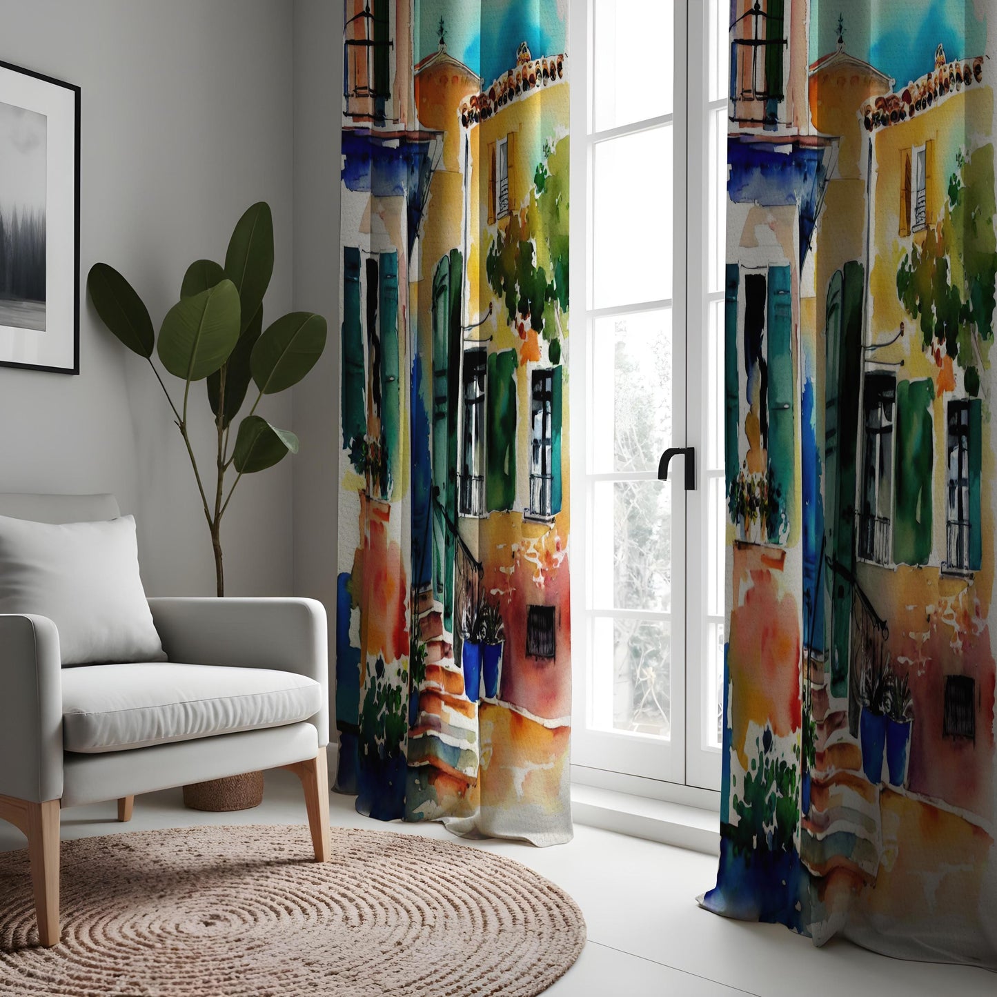 Watercolor Cityscape Curtain Panels, Colorful House Window Drapes