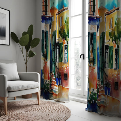 Watercolor Cityscape Curtain Panels, Colorful House Window Drapes