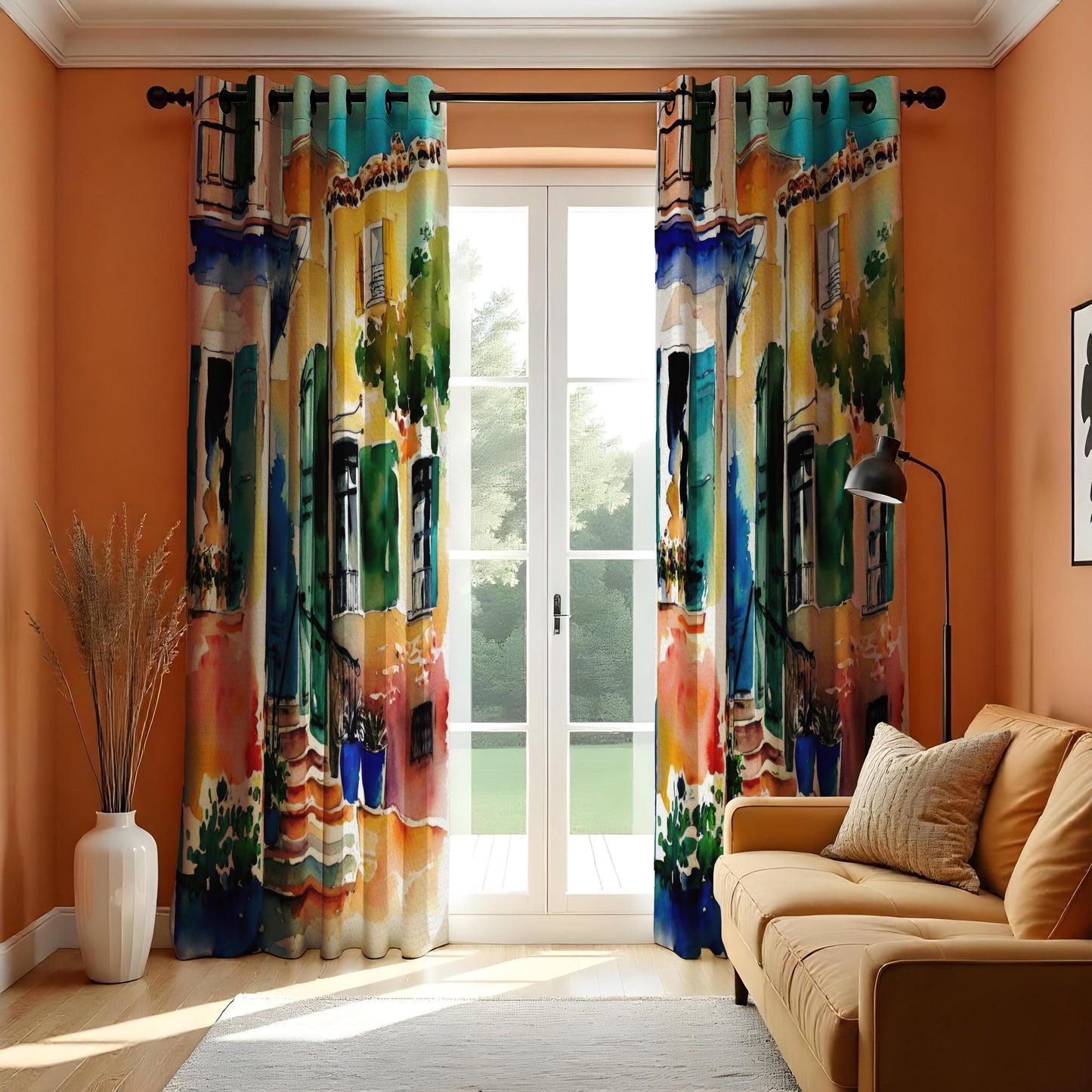 Watercolor Cityscape Curtain Panels, Colorful House Window Drapes