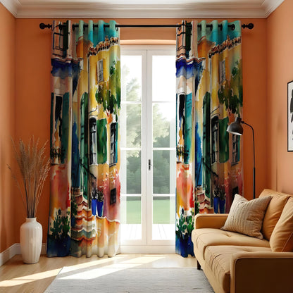 Watercolor Cityscape Curtain Panels, Colorful House Window Drapes
