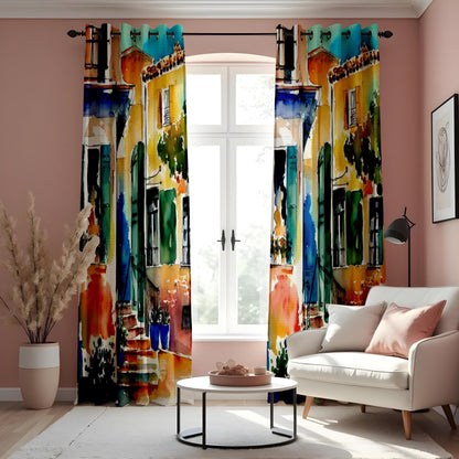 Watercolor Cityscape Curtain Panels, Colorful House Window Drapes