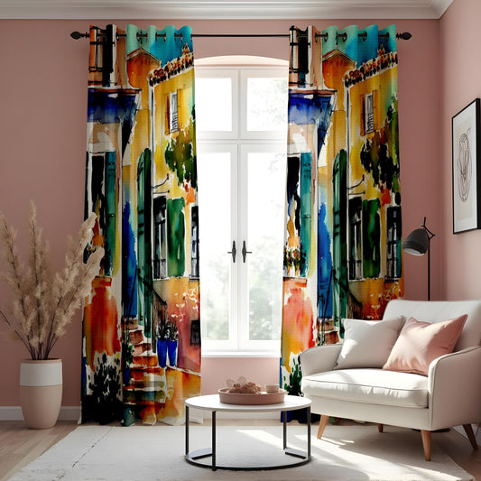 Watercolor Cityscape Curtain Panels, Colorful House Window Drapes
