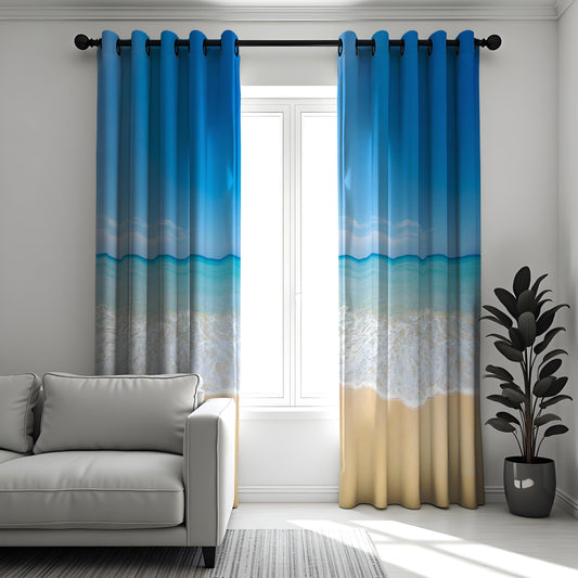 Beach Ocean Scene Curtains, Serene Seaside Window Drapes