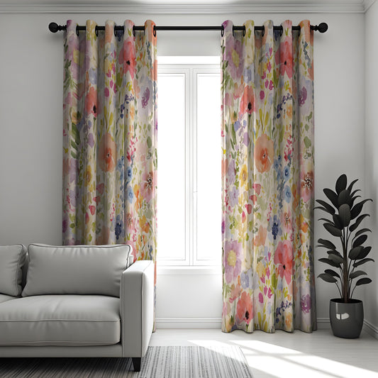 Floral Print Curtains, Watercolor Flowers Soft Pastel Drapes