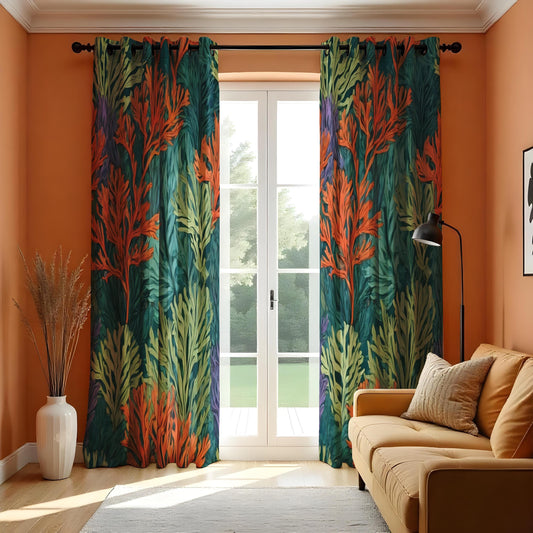 Tropical Leaves & Coral Pattern Curtains, Bold Botanical Drapes