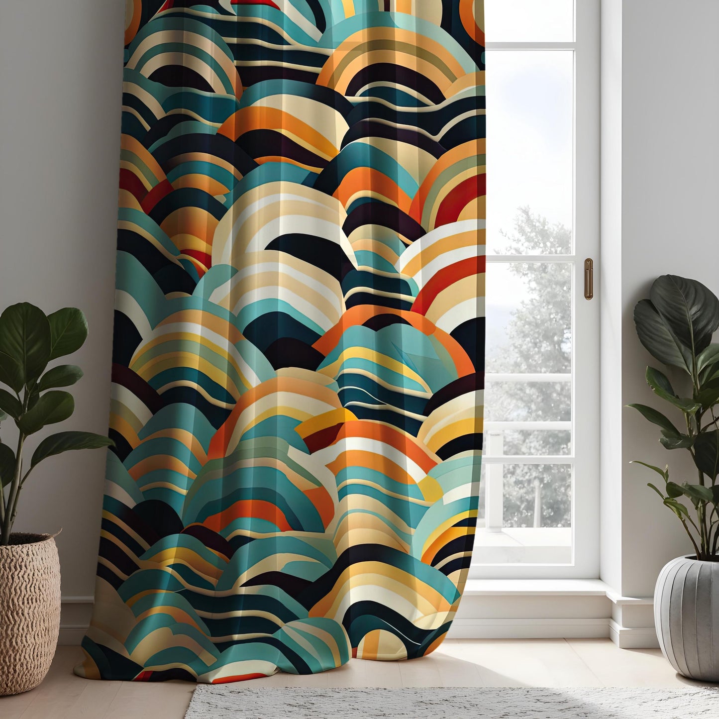 Abstract Wave Pattern Curtains, Bold Colorful Drapes in Blue