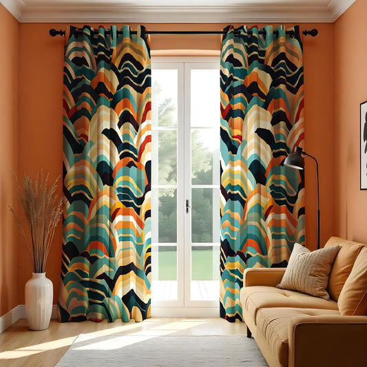 Abstract Wave Pattern Curtains, Bold Colorful Drapes in Blue