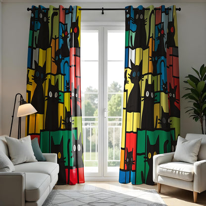 Colorful Cat Pattern Curtain, Bold Black Cats Drape