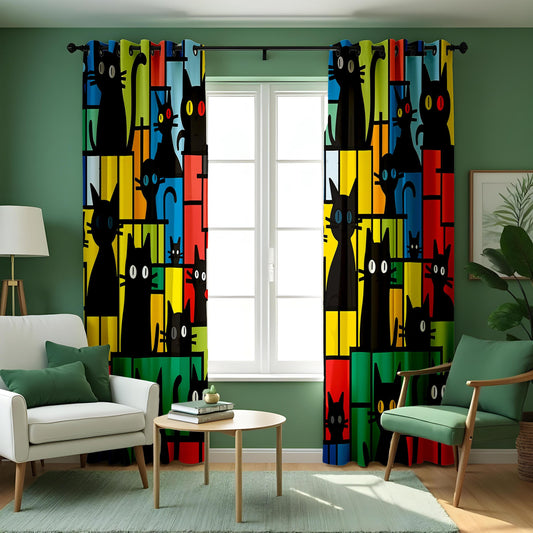 Colorful Cat Pattern Curtain, Bold Black Cats Drape