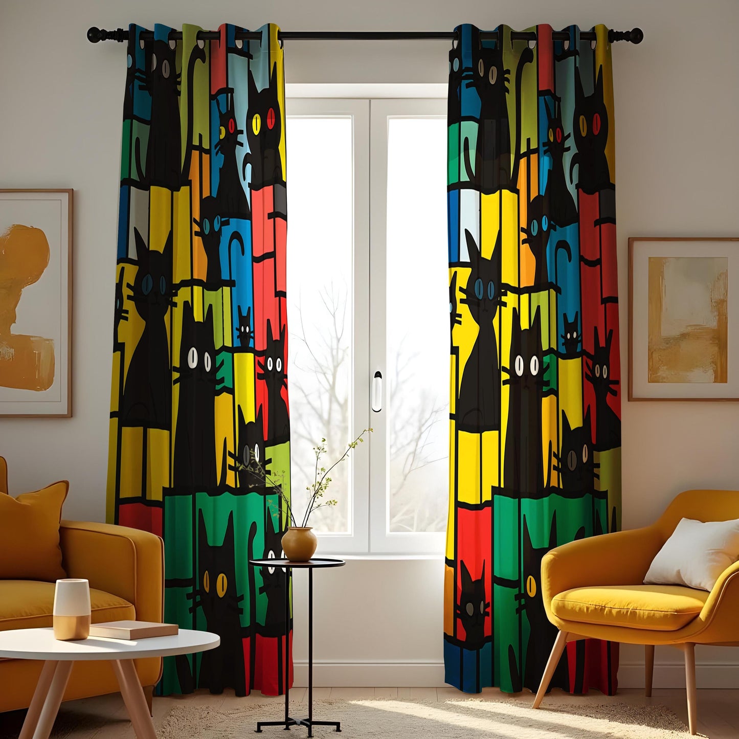 Colorful Cat Pattern Curtain, Bold Black Cats Drape