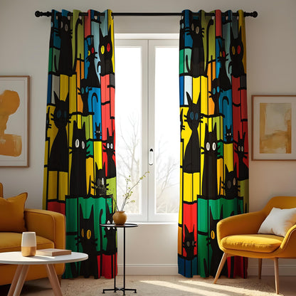 Colorful Cat Pattern Curtain, Bold Black Cats Drape