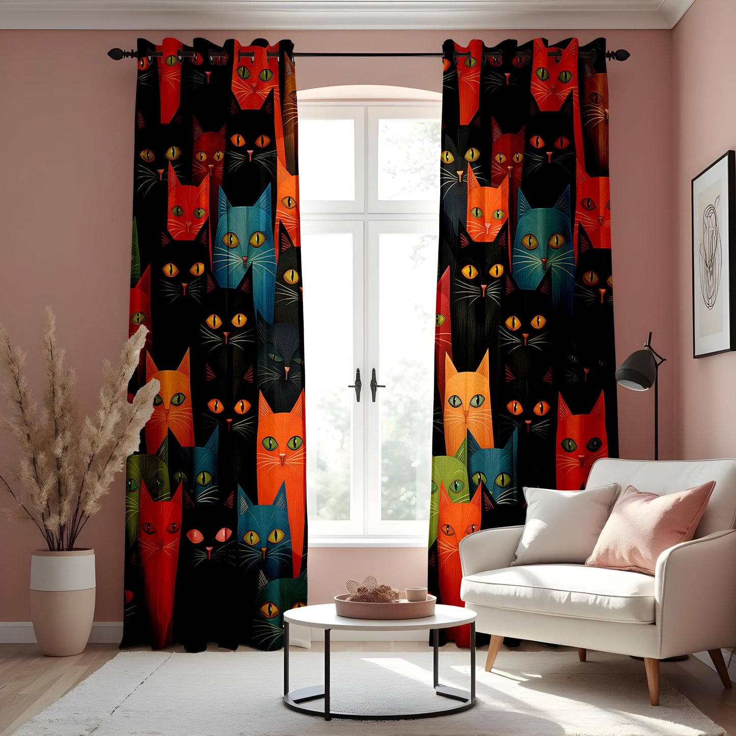 Colorful Cat Curtains, Vibrant Cat Faces Drape