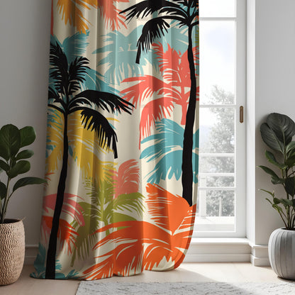 Tropical Palm Tree Curtains, Vibrant Beach Vibe Print Drape