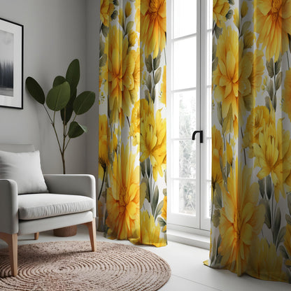 Bright Yellow Floral Curtains, Bold Mustard Flower Print Drapes