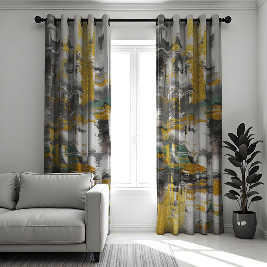 Abstract Geometric Curtains, Modern Mustard & Green Wave Drapes