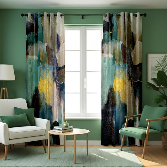 Abstract Watercolor Curtains, Dark Blues & Greens Geometric Drapes
