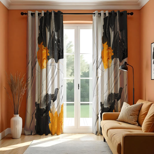 Bold Abstract Art Curtains, Black, Grey & Yellow Painterly Design