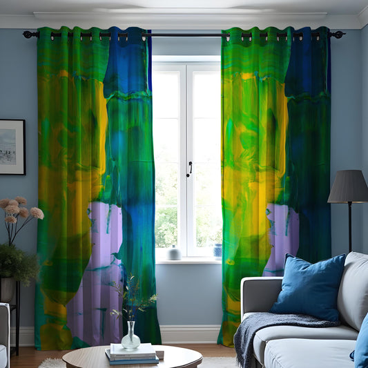 Abstract Green, Yellow & Blue Curtains, Colorful Modern Art Drapes