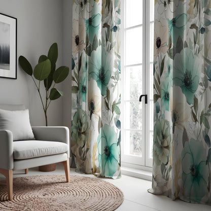 Floral Green and Teal Curtains, Botanical Soft Pastel Window Drapes