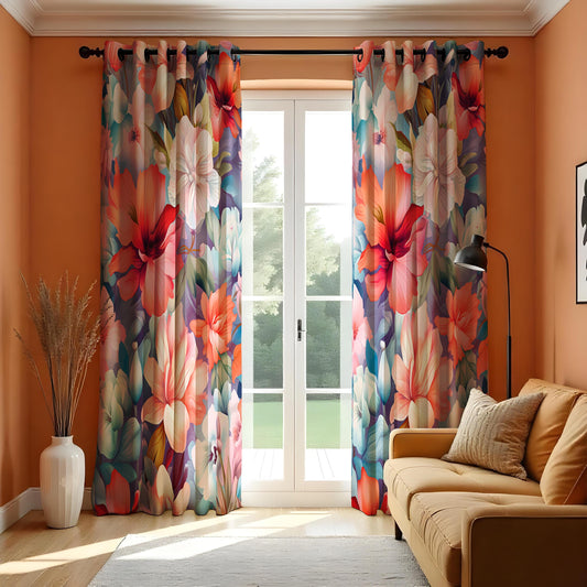 Vibrant Floral Curtains, Multicolored Large Blossom Drapes