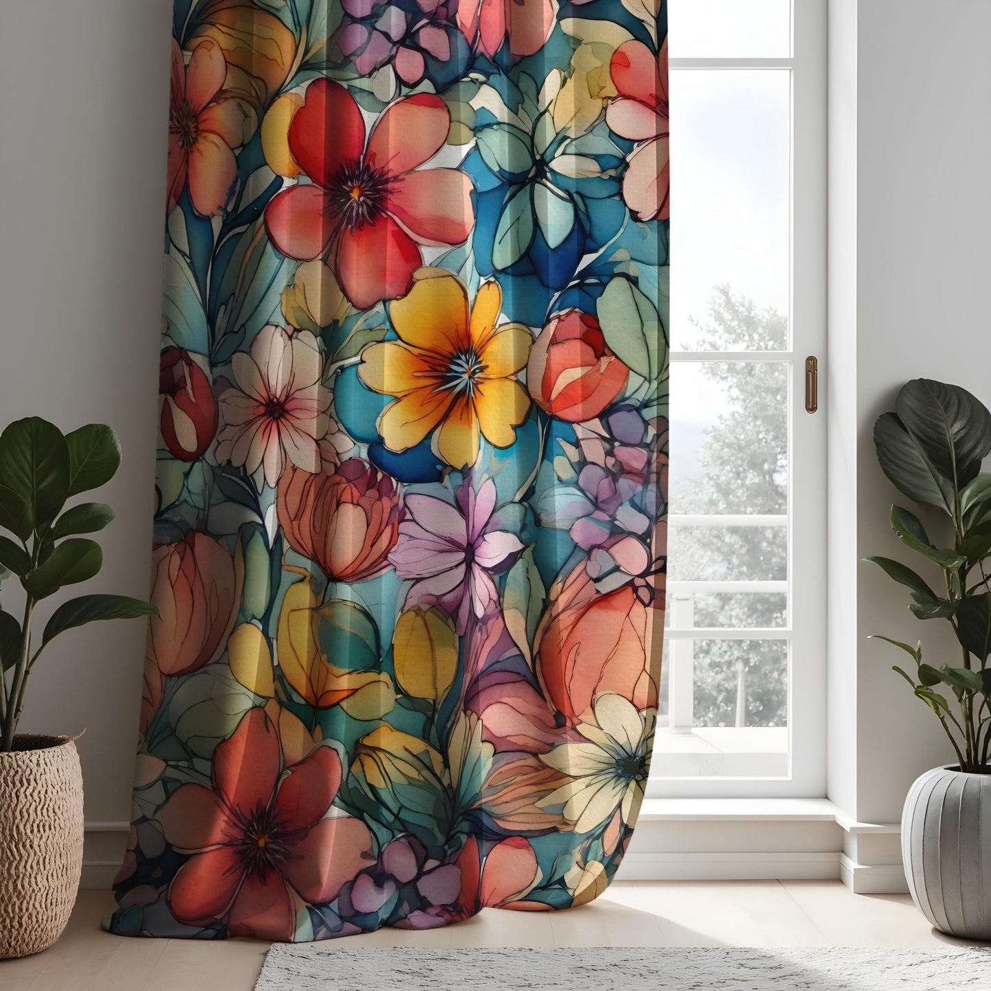 Colorful Floral Curtains, Vibrant Blossoms Drapes