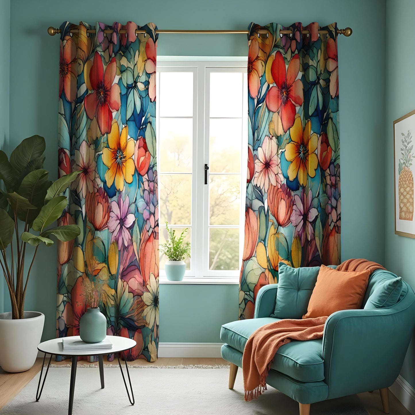 Colorful Floral Curtains, Vibrant Blossoms Drapes