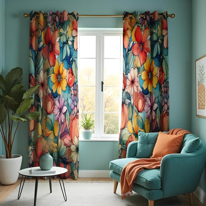 Colorful Floral Curtains, Vibrant Blossoms Drapes