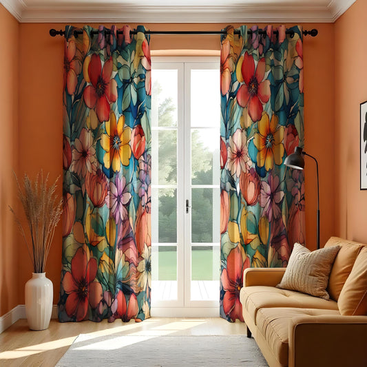 Colorful Floral Curtains, Vibrant Blossoms Drapes
