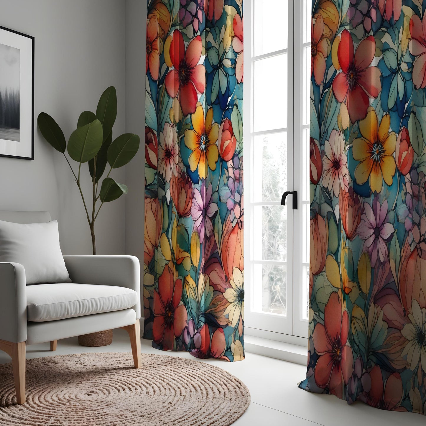 Colorful Floral Curtains, Vibrant Blossoms Drapes