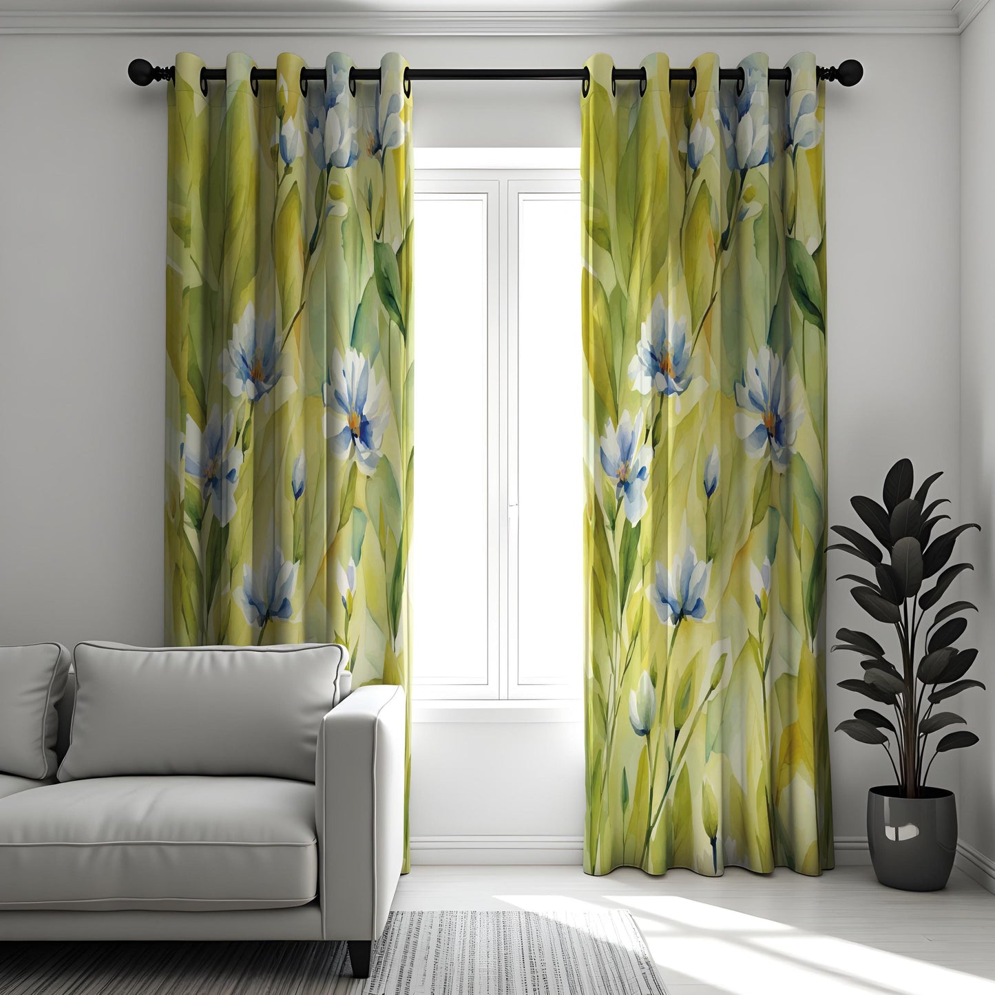 Soft Floral Watercolor Curtain, White & Blue Flowers with Green Leaves Drape