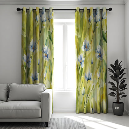 Soft Floral Watercolor Curtain, White & Blue Flowers with Green Leaves Drape