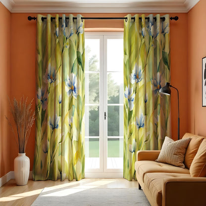 Soft Floral Watercolor Curtain, White & Blue Flowers with Green Leaves Drape