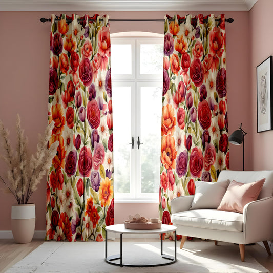 Vibrant Floral Watercolor Curtain Panels, Green Leaves Drape