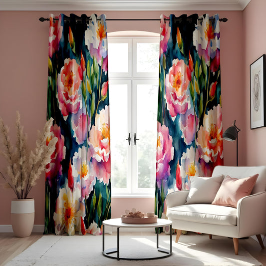 Floral Watercolor Curtain, Pink & White Peony Drape with Green Leaves
