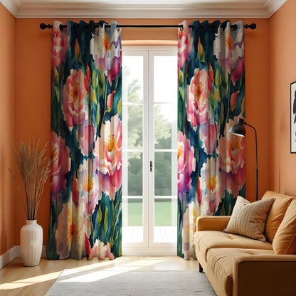 Floral Watercolor Curtain, Pink & White Peony Drape with Green Leaves