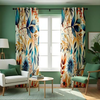 Colorful Watercolor Floral Curtain, Orange & Yellow Leaves Drape
