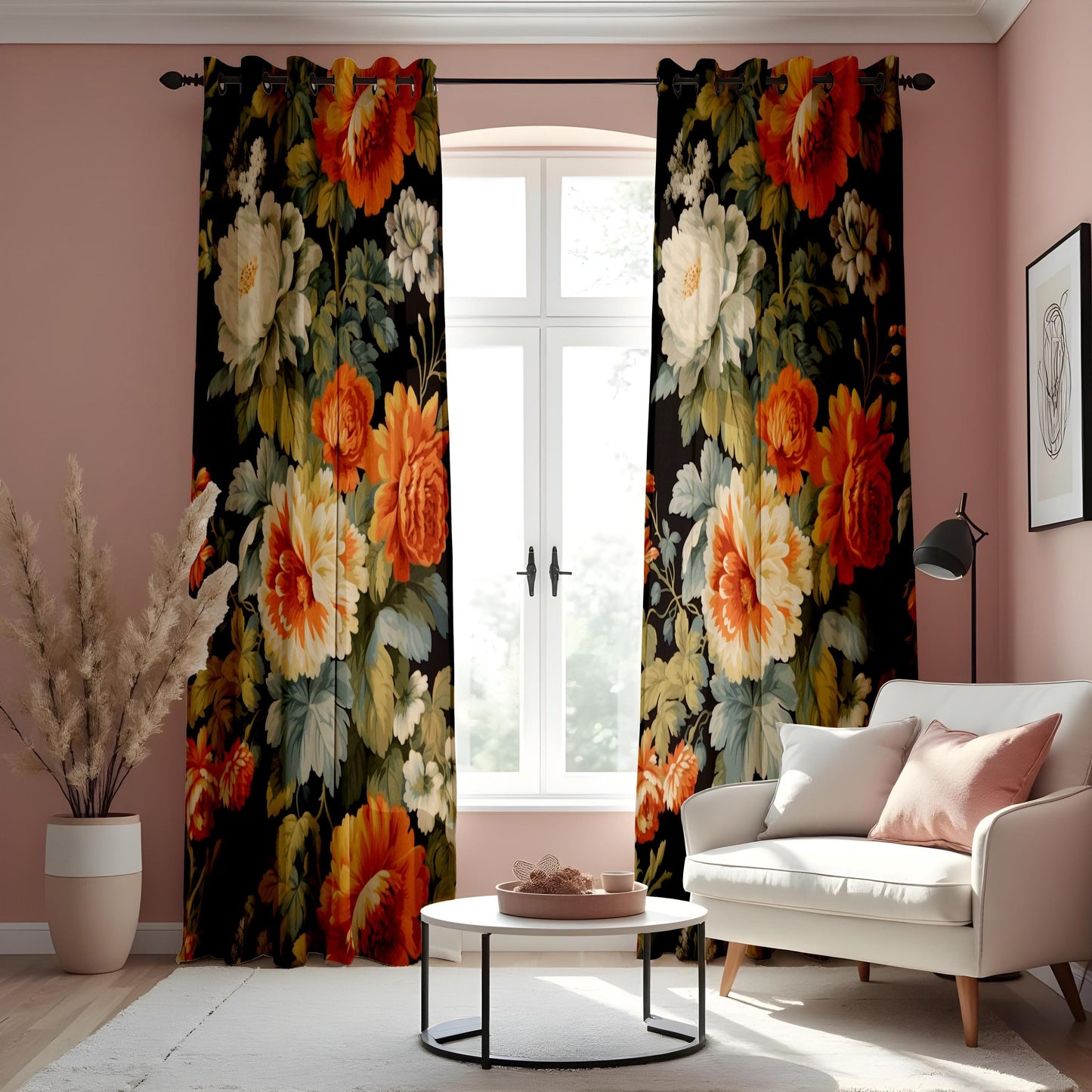 Farmhouse Floral Curtain, Orange & White Flowers Drape