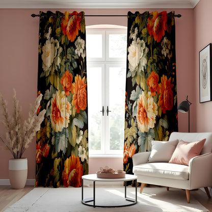 Farmhouse Floral Curtain, Orange & White Flowers Drape
