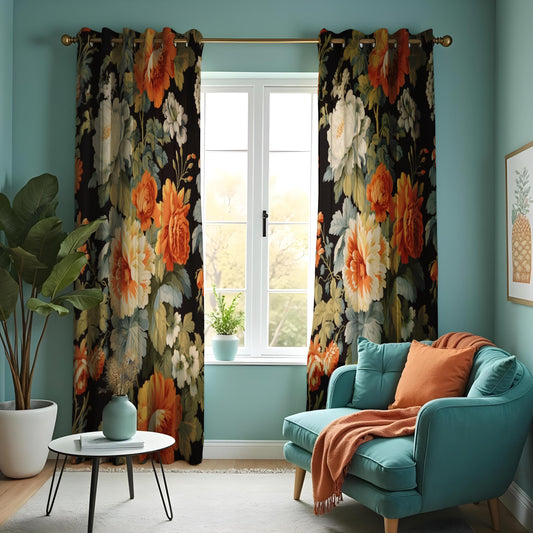 Farmhouse Floral Curtain, Orange & White Flowers Drape