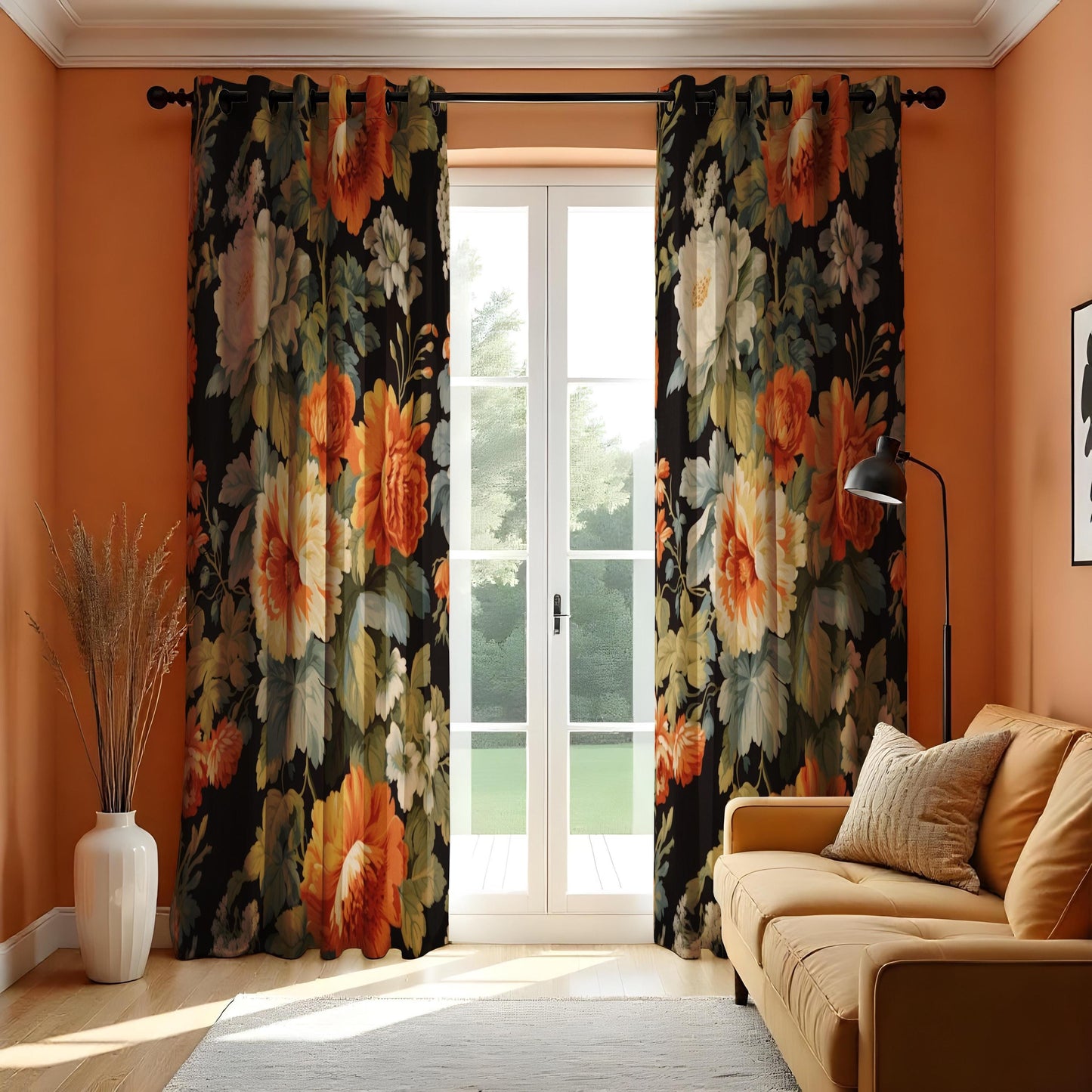 Farmhouse Floral Curtain, Orange & White Flowers Drape