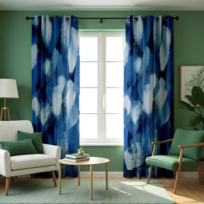 Abstract Blue Brushstroke Curtains, Modern Art Paint Window Panel