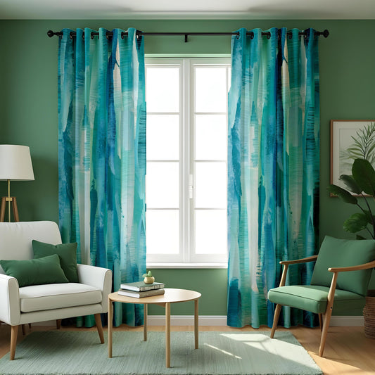 Modern Blue & Green Abstract Watercolor Curtains