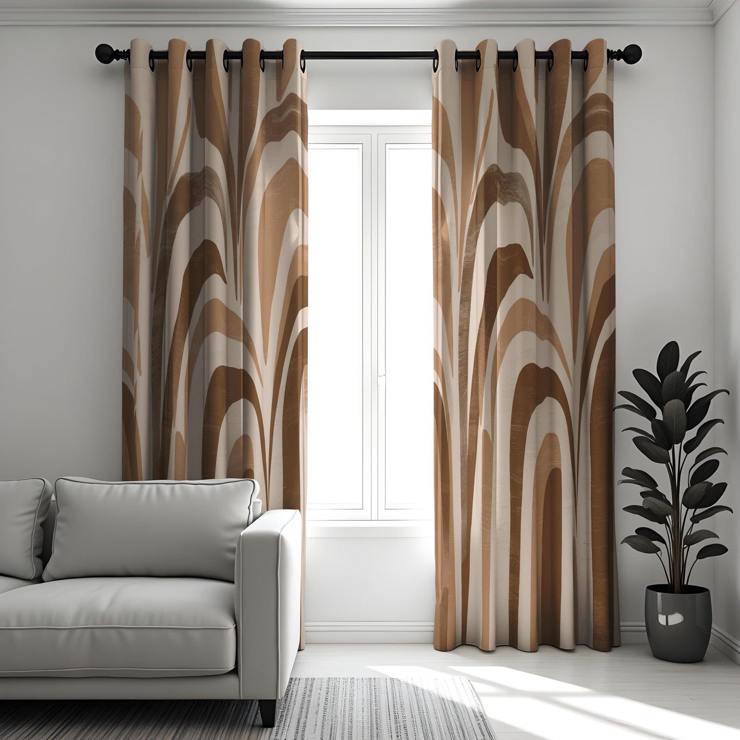 Modern Abstract Wave Curtain, Neutral Brown and Beige Design Drape