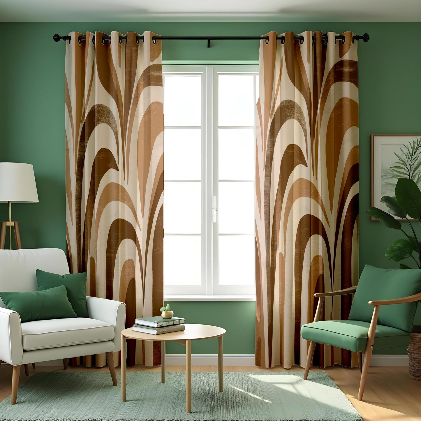 Modern Abstract Wave Curtain, Neutral Brown and Beige Design Drape