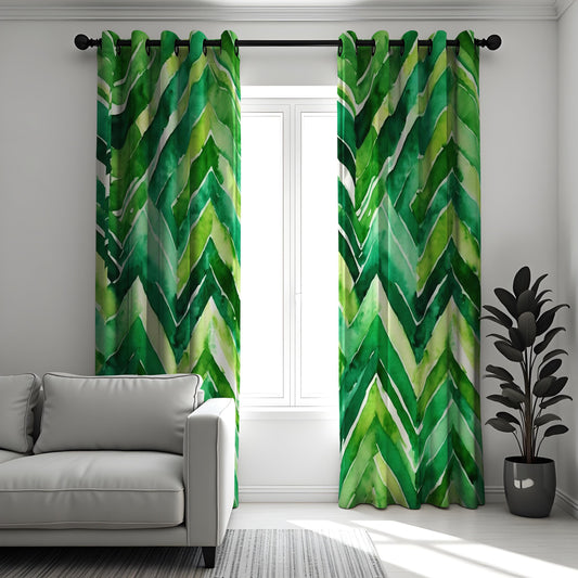 Green Chevron Watercolor Curtains, Bold Leaf Print Drapes
