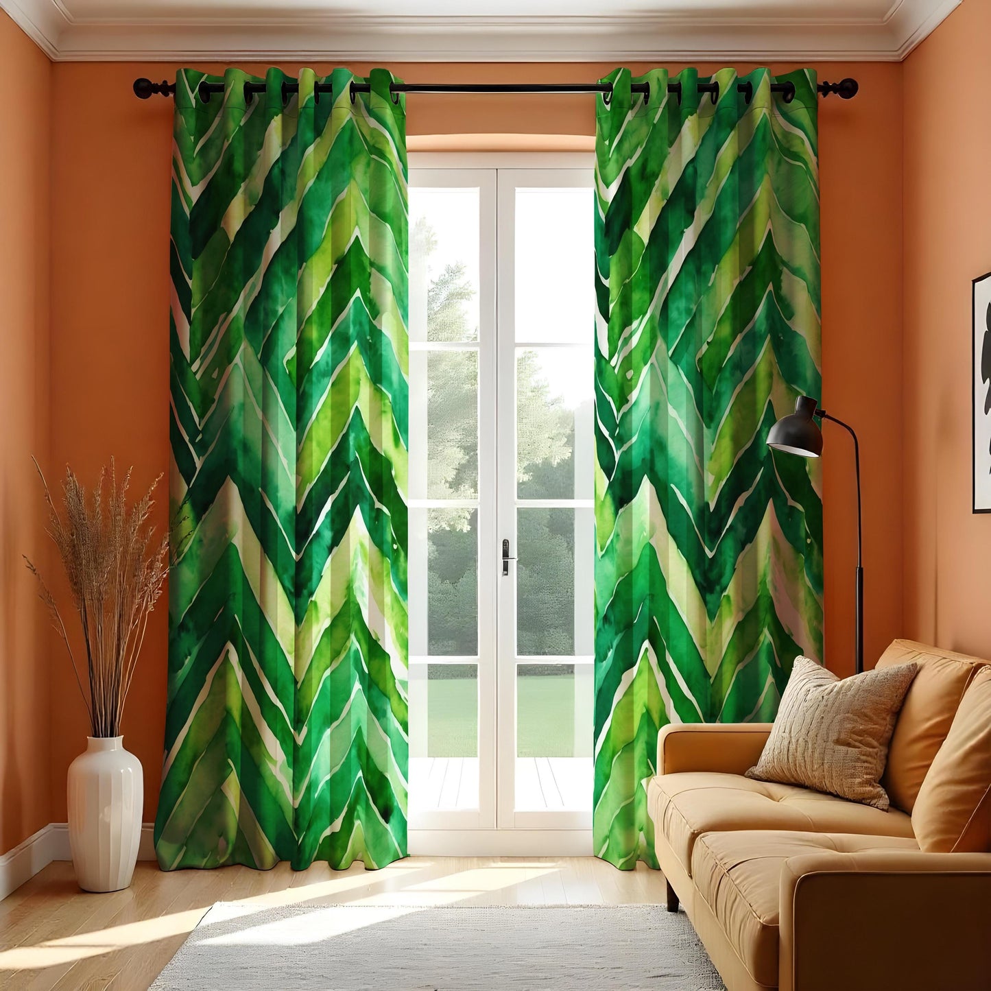 Green Chevron Watercolor Curtains, Bold Leaf Print Drapes