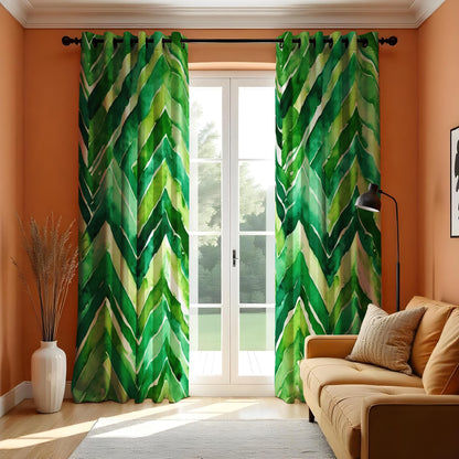 Green Chevron Watercolor Curtains, Bold Leaf Print Drapes