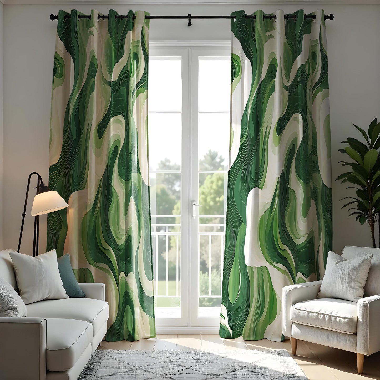 Green Wavy Pattern Curtains, Modern Bold Fluid Shape Drapes