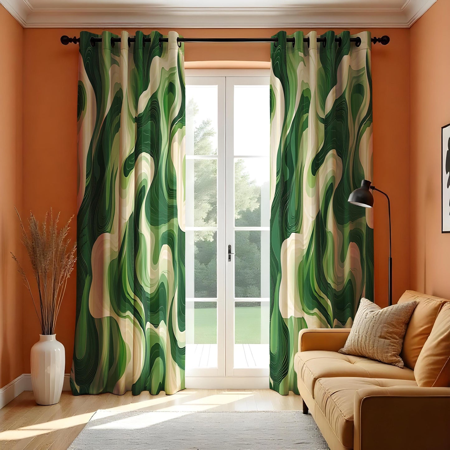 Green Wavy Pattern Curtains, Modern Bold Fluid Shape Drapes